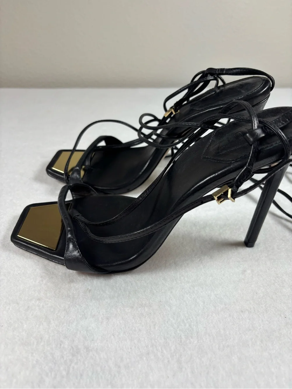 Schutz Black Leather Lace-Up Strappy Stiletto Heels | Size 9.5B | Made in Brazil